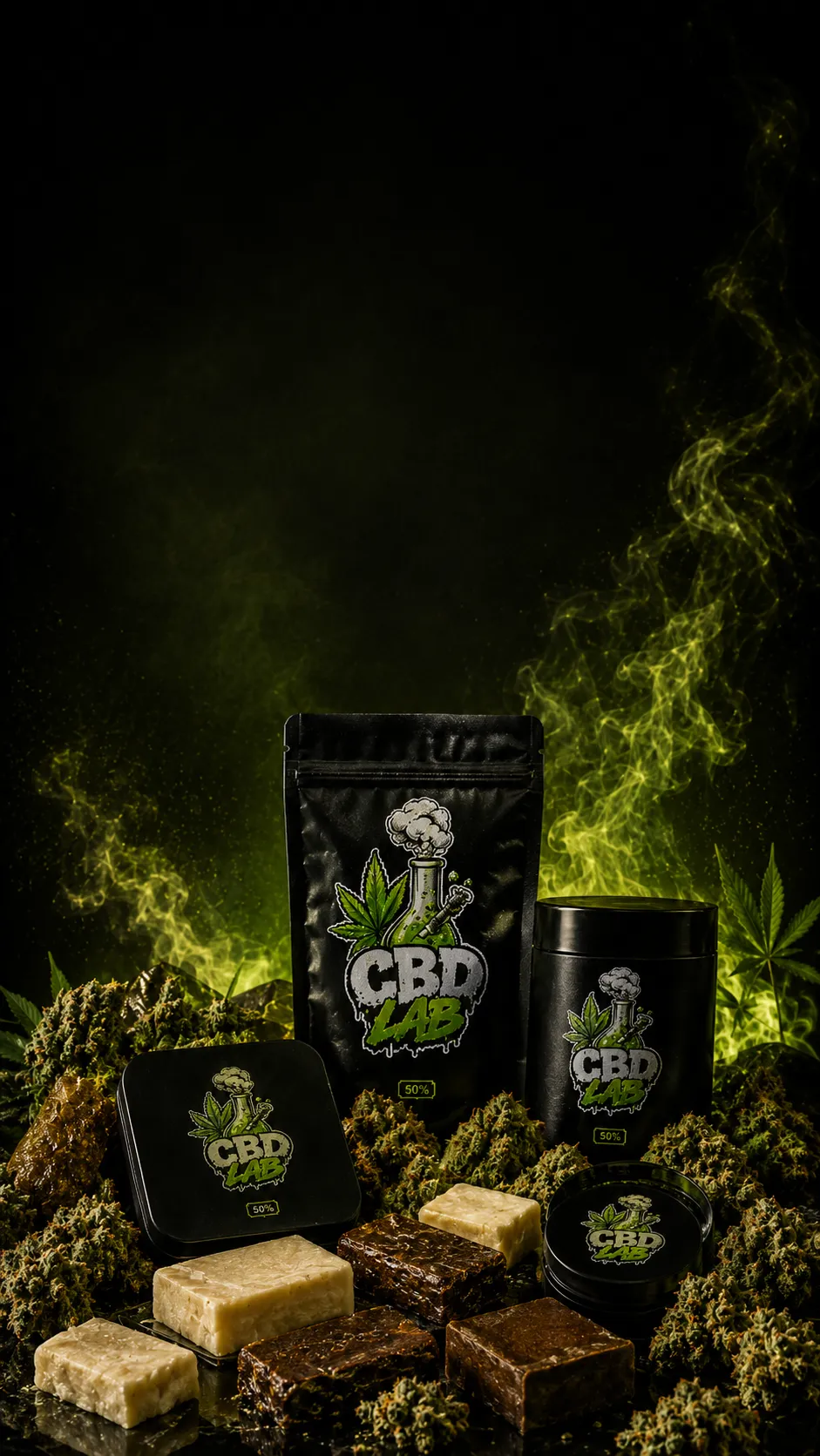 Produits CBD LAB : fleurs, hash et packaging de la marque
